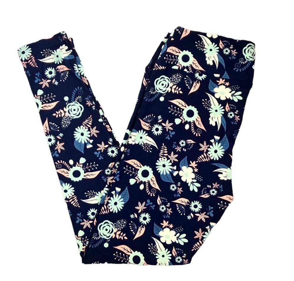 Lularoe Tall & Curvy Navy Blue Mint Pink Floral Leggings